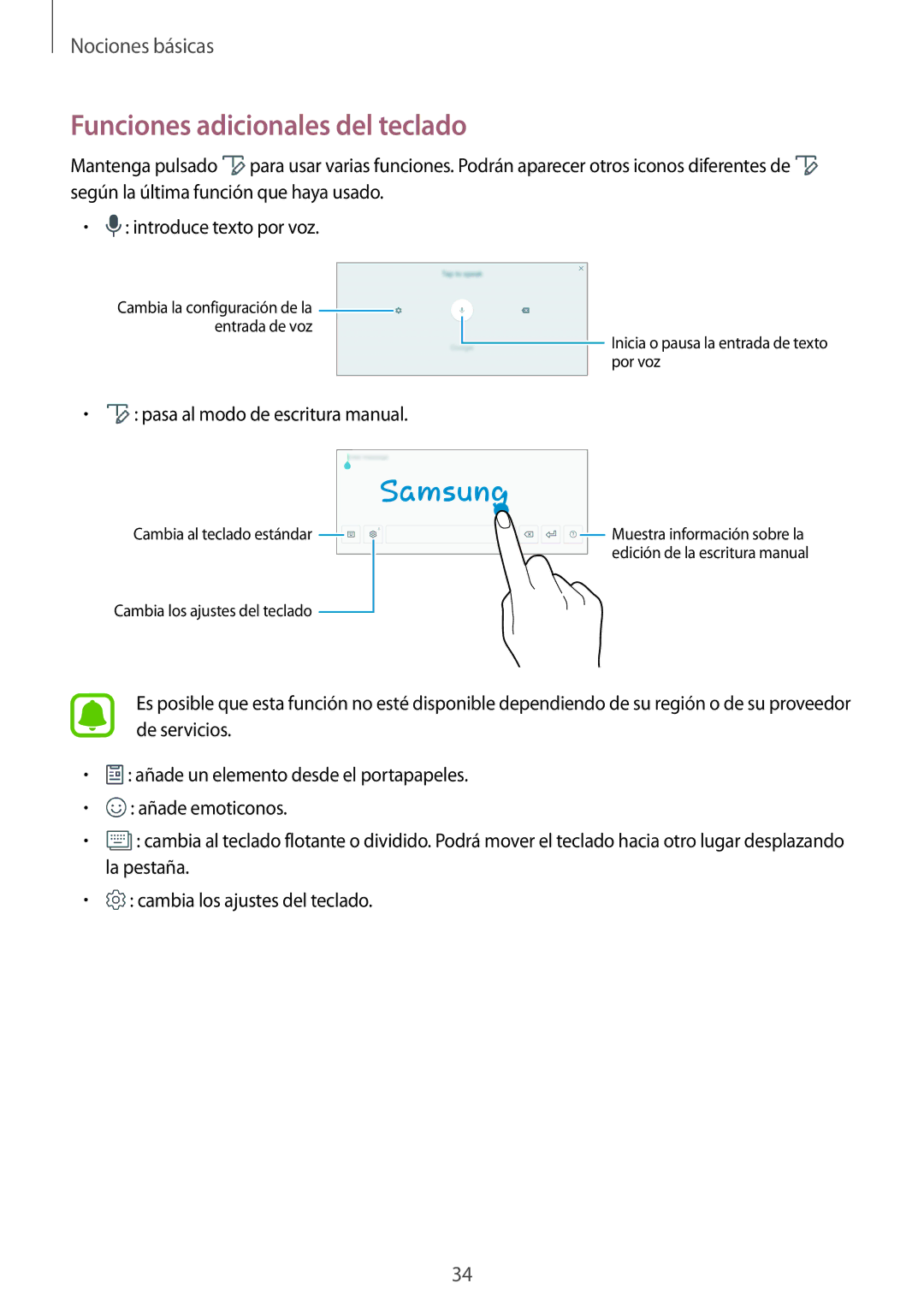 Samsung SM-T820NZKAPHE, SM-T820NZSAPHE Funciones adicionales del teclado, Pasa al modo de escritura manual 