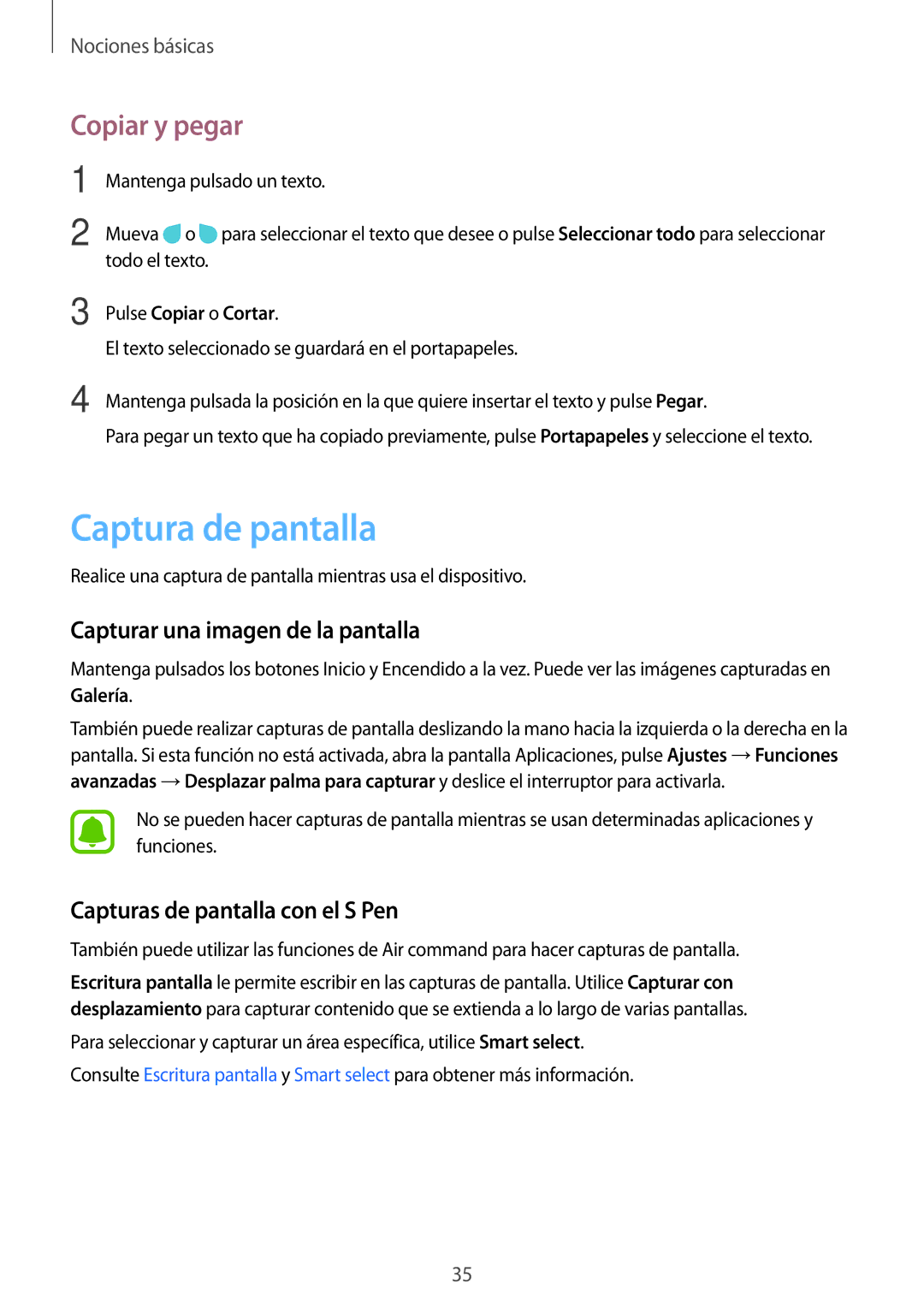 Samsung SM-T820NZSAPHE Captura de pantalla, Copiar y pegar, Capturar una imagen de la pantalla, Pulse Copiar o Cortar 