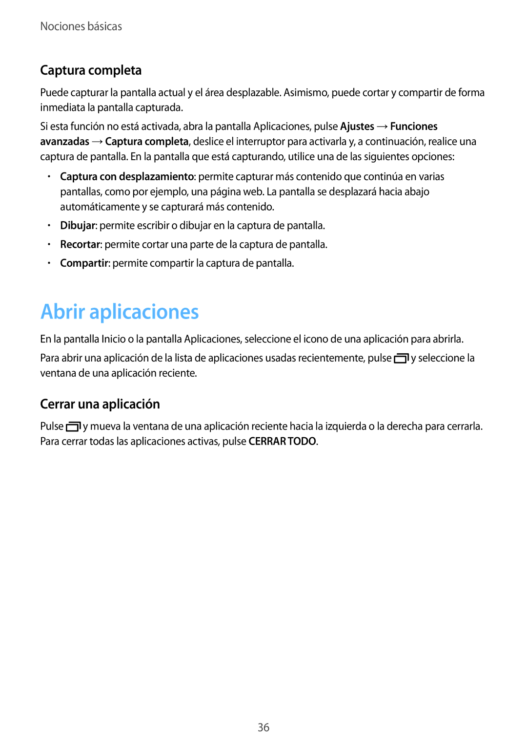 Samsung SM-T820NZKAPHE, SM-T820NZSAPHE manual Abrir aplicaciones, Captura completa, Cerrar una aplicación 