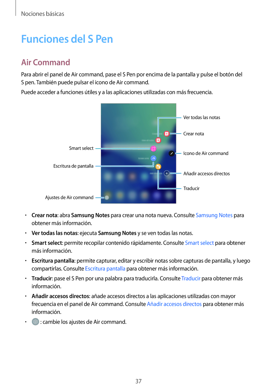 Samsung SM-T820NZSAPHE, SM-T820NZKAPHE manual Funciones del S Pen, Air Command 