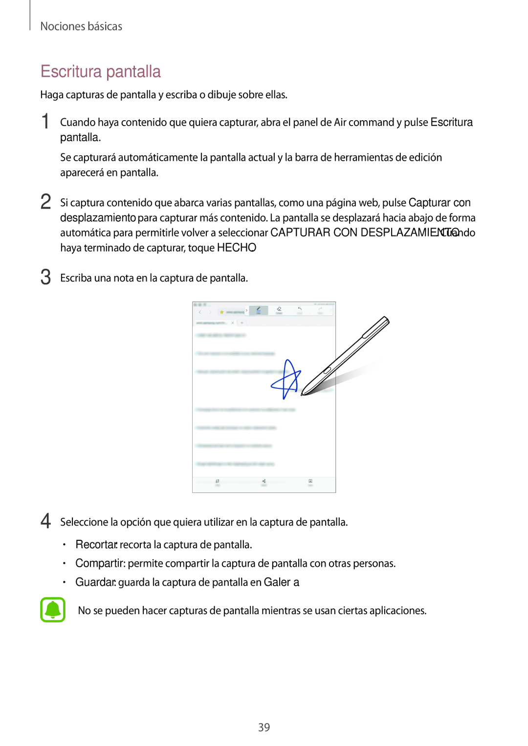 Samsung SM-T820NZSAPHE, SM-T820NZKAPHE manual Escritura pantalla, Pantalla 