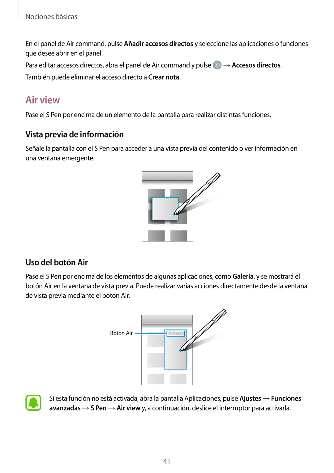 Samsung SM-T820NZSAPHE, SM-T820NZKAPHE manual Air view, Vista previa de información, Uso del botón Air 