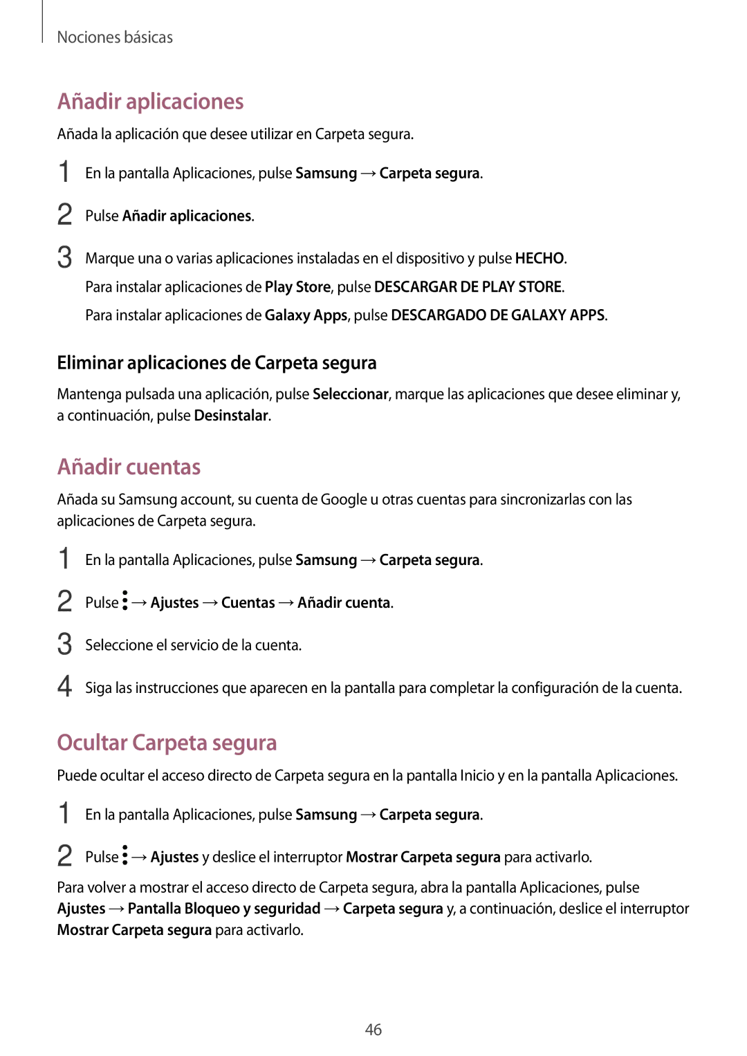 Samsung SM-T820NZKAPHE, SM-T820NZSAPHE manual Añadir aplicaciones, Añadir cuentas, Ocultar Carpeta segura 