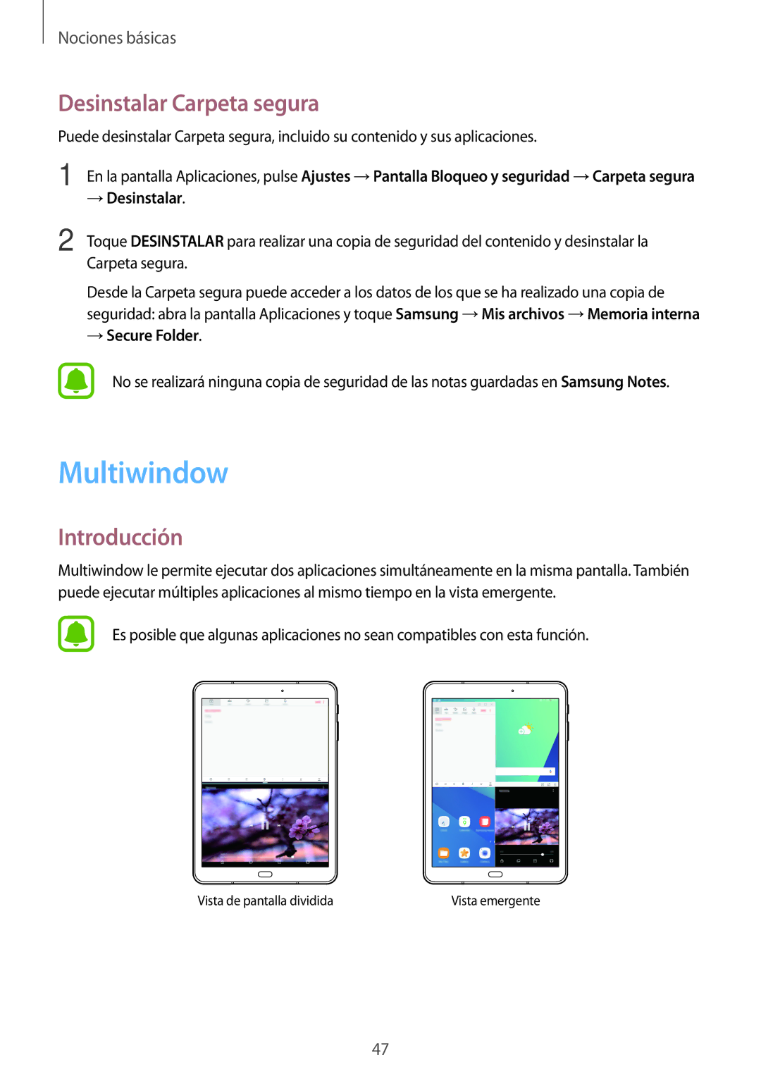 Samsung SM-T820NZSAPHE, SM-T820NZKAPHE manual Multiwindow, Desinstalar Carpeta segura, → Secure Folder 
