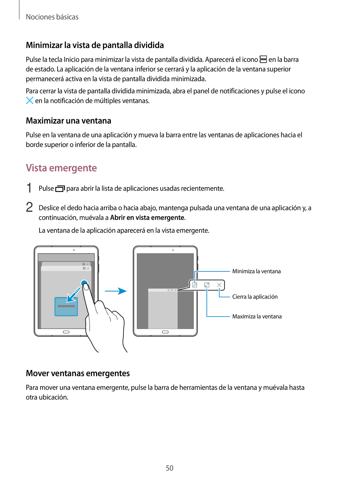 Samsung SM-T820NZKAPHE, SM-T820NZSAPHE Vista emergente, Minimizar la vista de pantalla dividida, Maximizar una ventana 