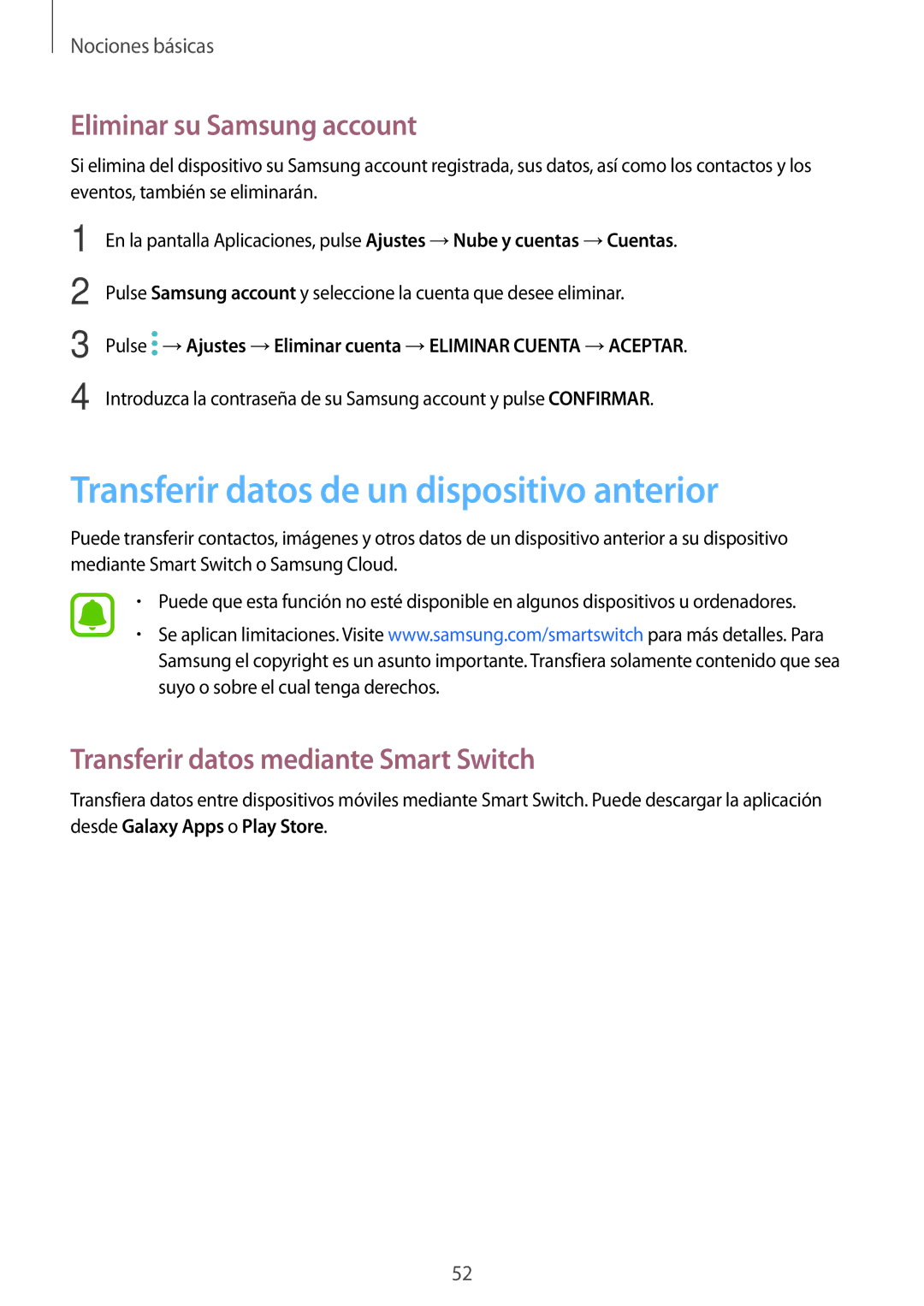 Samsung SM-T820NZKAPHE, SM-T820NZSAPHE manual Transferir datos de un dispositivo anterior, Eliminar su Samsung account 