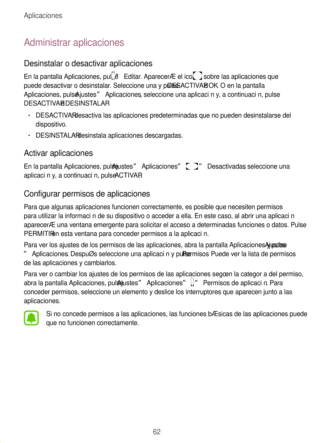 Samsung SM-T820NZKAPHE manual Administrar aplicaciones, Desinstalar o desactivar aplicaciones, Activar aplicaciones 