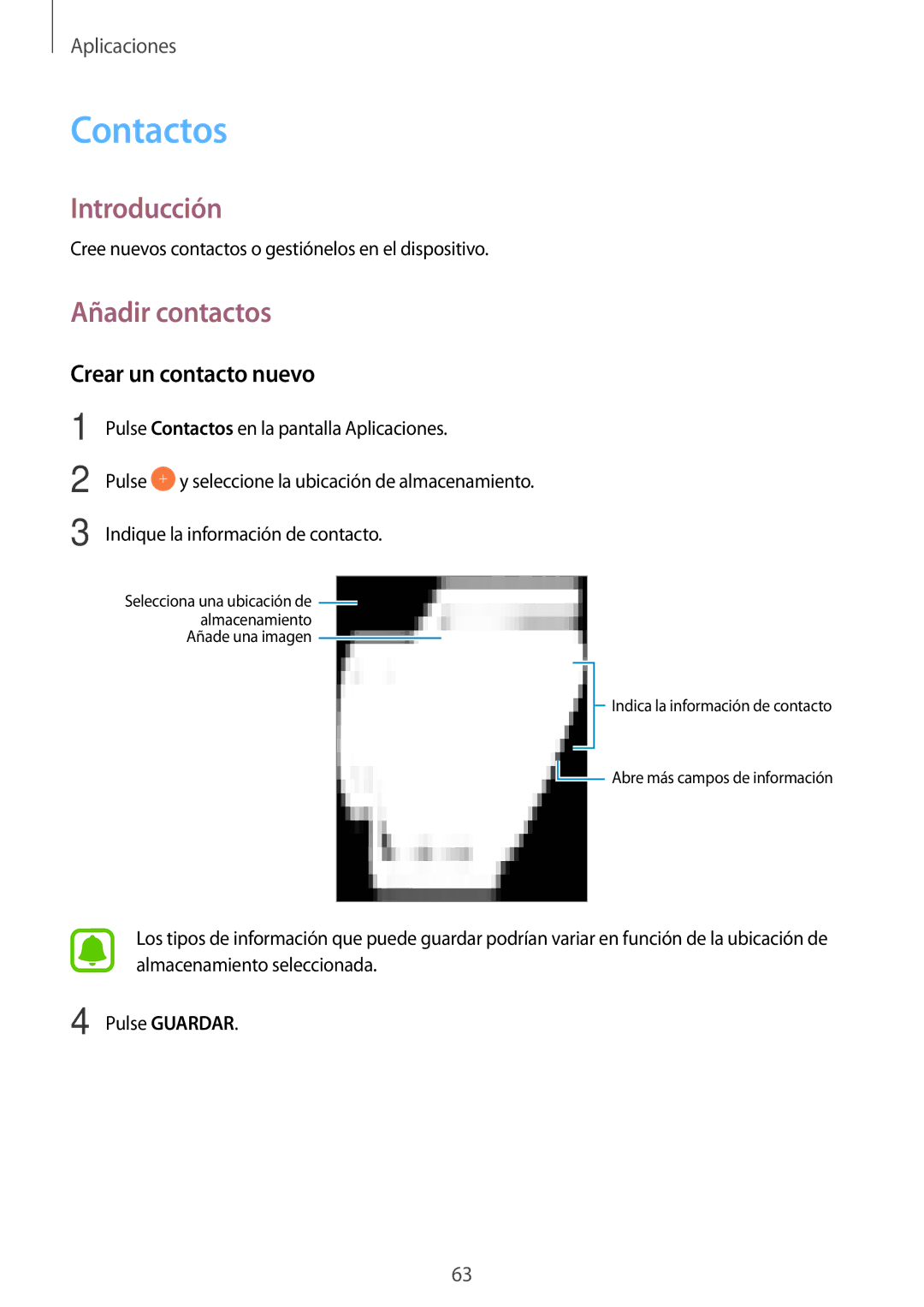 Samsung SM-T820NZSAPHE, SM-T820NZKAPHE manual Contactos, Añadir contactos, Crear un contacto nuevo 