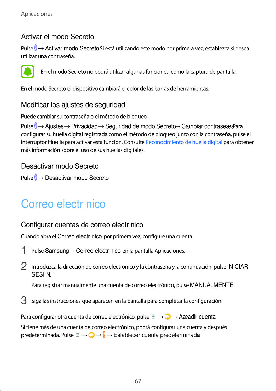 Samsung SM-T820NZSAPHE, SM-T820NZKAPHE Correo electrónico, Activar el modo Secreto, Modificar los ajustes de seguridad 