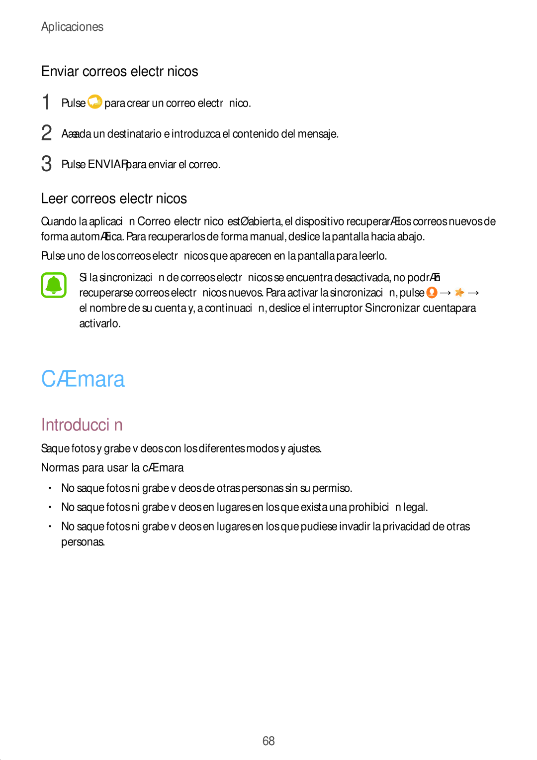 Samsung SM-T820NZKAPHE manual Cámara, Enviar correos electrónicos, Leer correos electrónicos, Normas para usar la cámara 