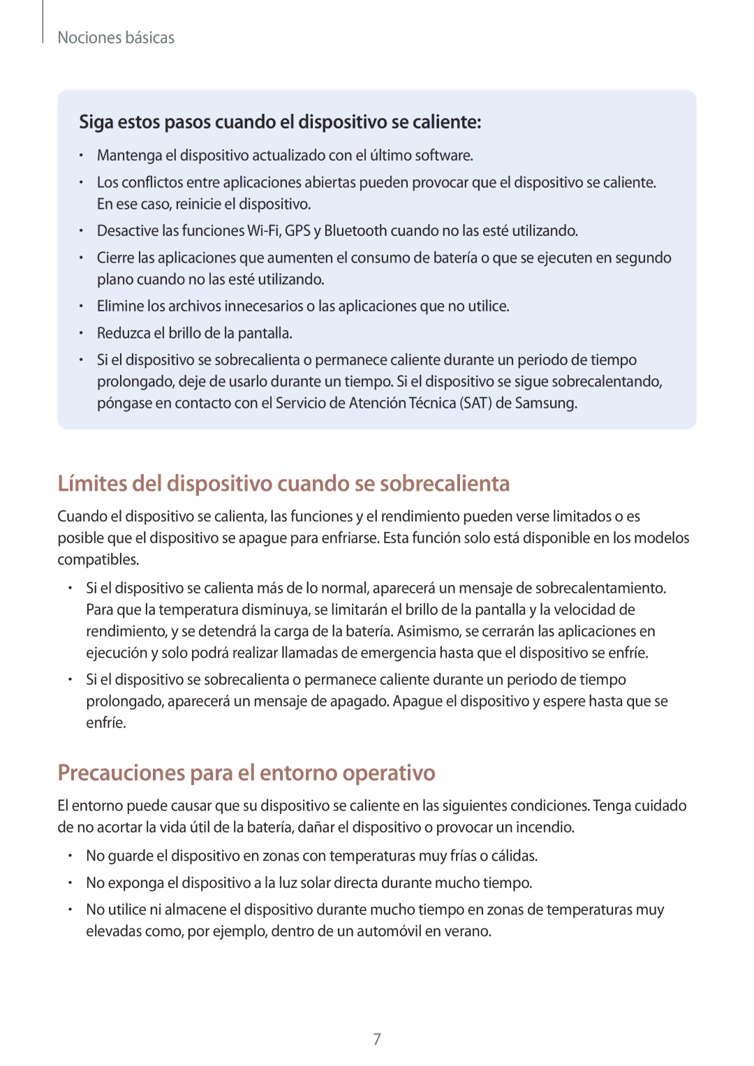 Samsung SM-T820NZSAPHE manual Límites del dispositivo cuando se sobrecalienta, Precauciones para el entorno operativo 