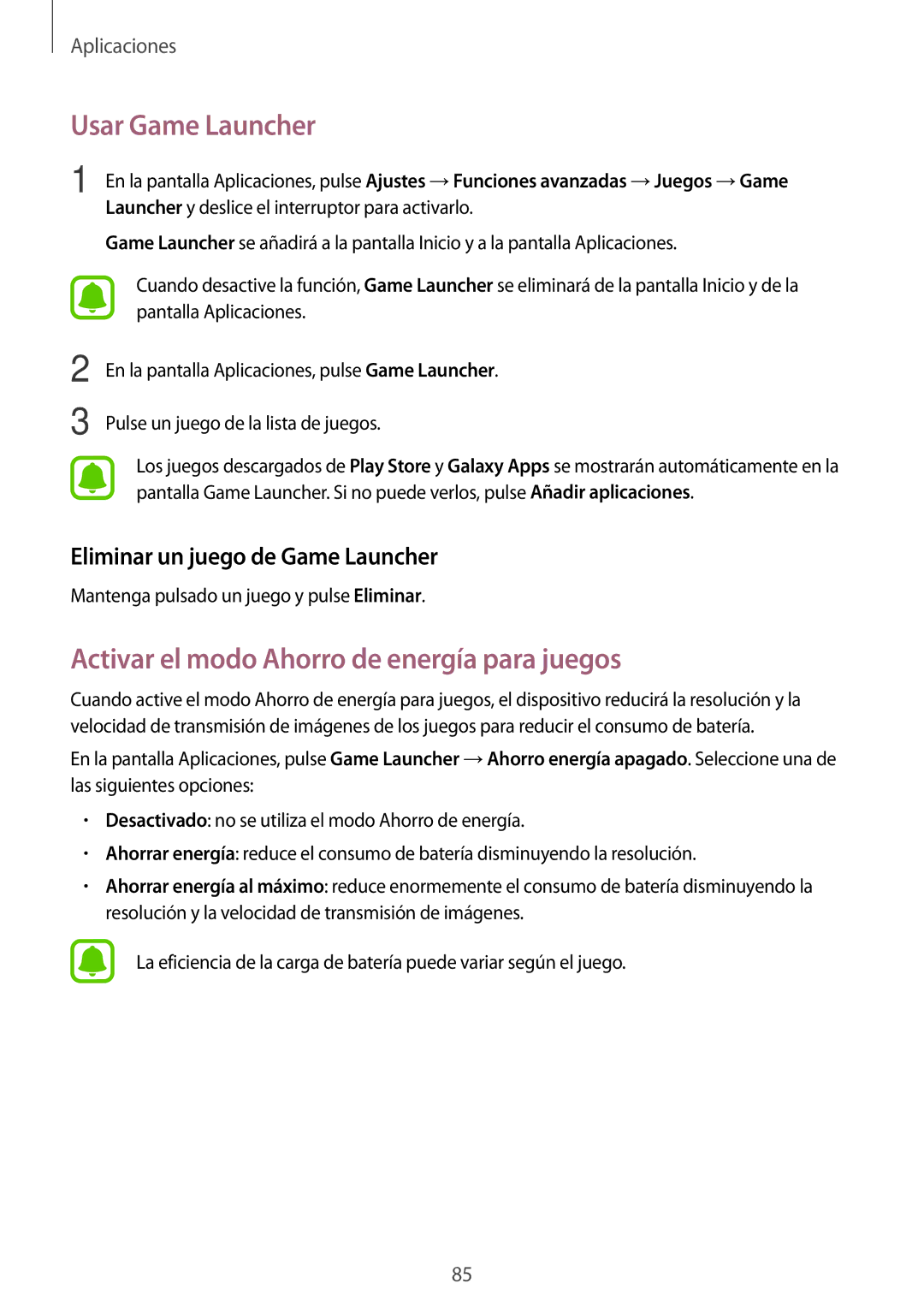 Samsung SM-T820NZSAPHE, SM-T820NZKAPHE manual Usar Game Launcher, Activar el modo Ahorro de energía para juegos 