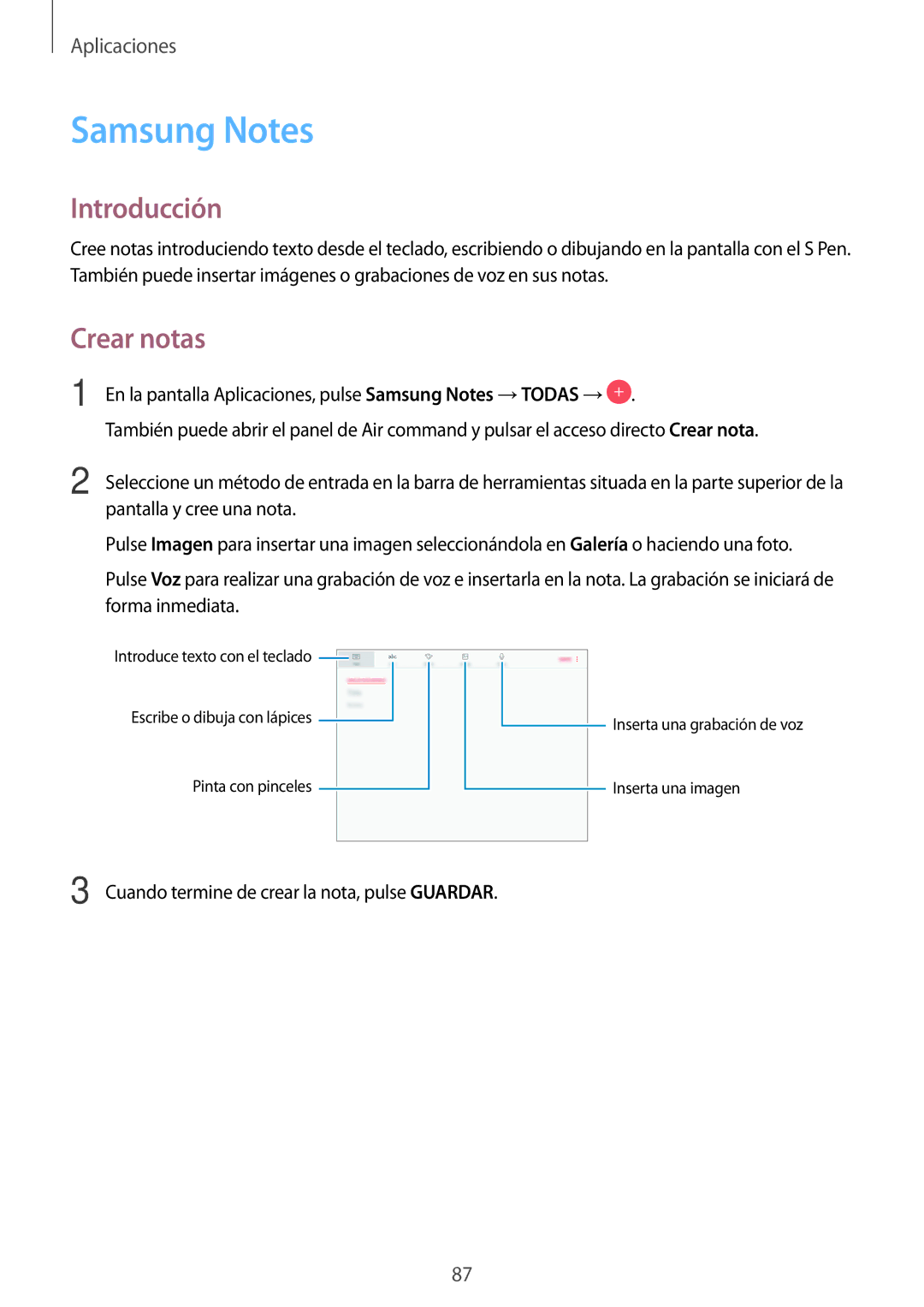 Samsung SM-T820NZSAPHE, SM-T820NZKAPHE manual Samsung Notes, Crear notas 