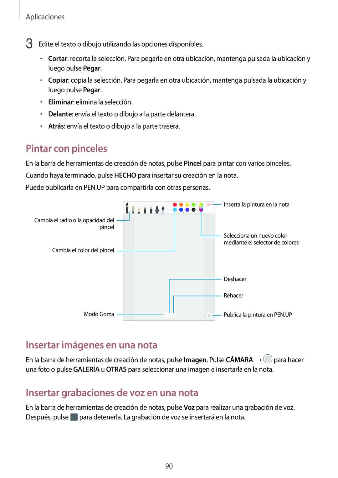 Samsung SM-T820NZKAPHE manual Pintar con pinceles, Insertar imágenes en una nota, Insertar grabaciones de voz en una nota 
