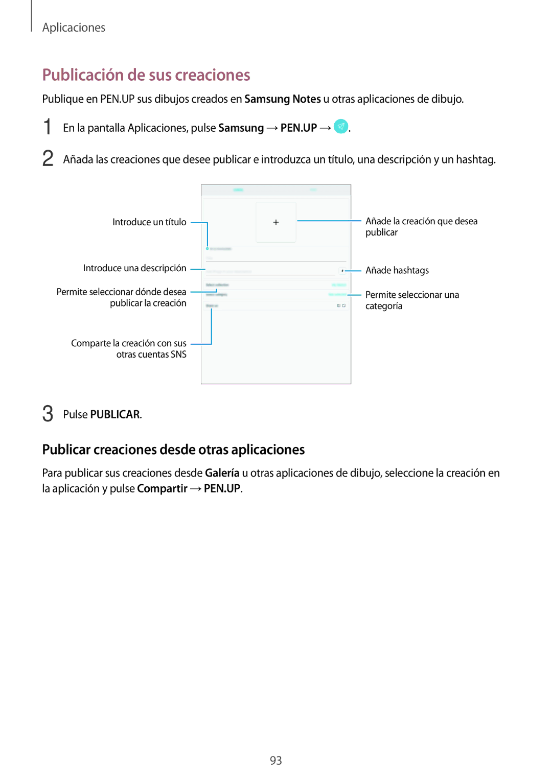 Samsung SM-T820NZSAPHE manual Publicación de sus creaciones, Publicar creaciones desde otras aplicaciones, Pulse Publicar 