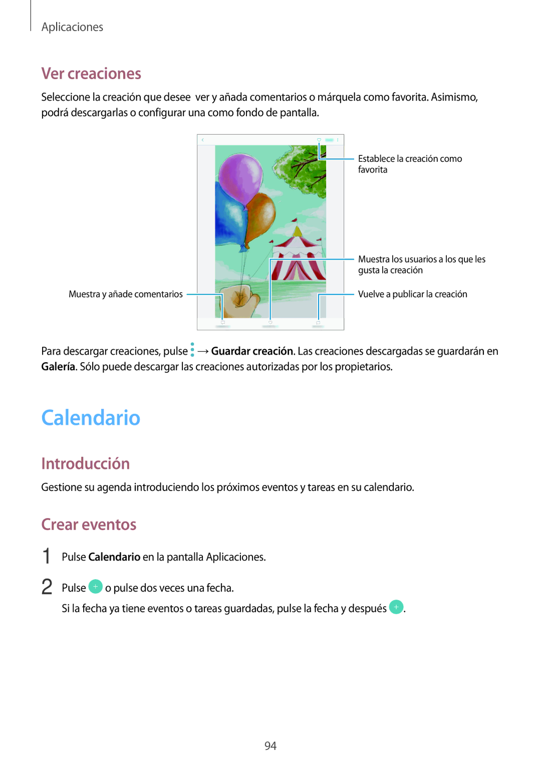 Samsung SM-T820NZKAPHE, SM-T820NZSAPHE manual Calendario, Ver creaciones, Crear eventos 