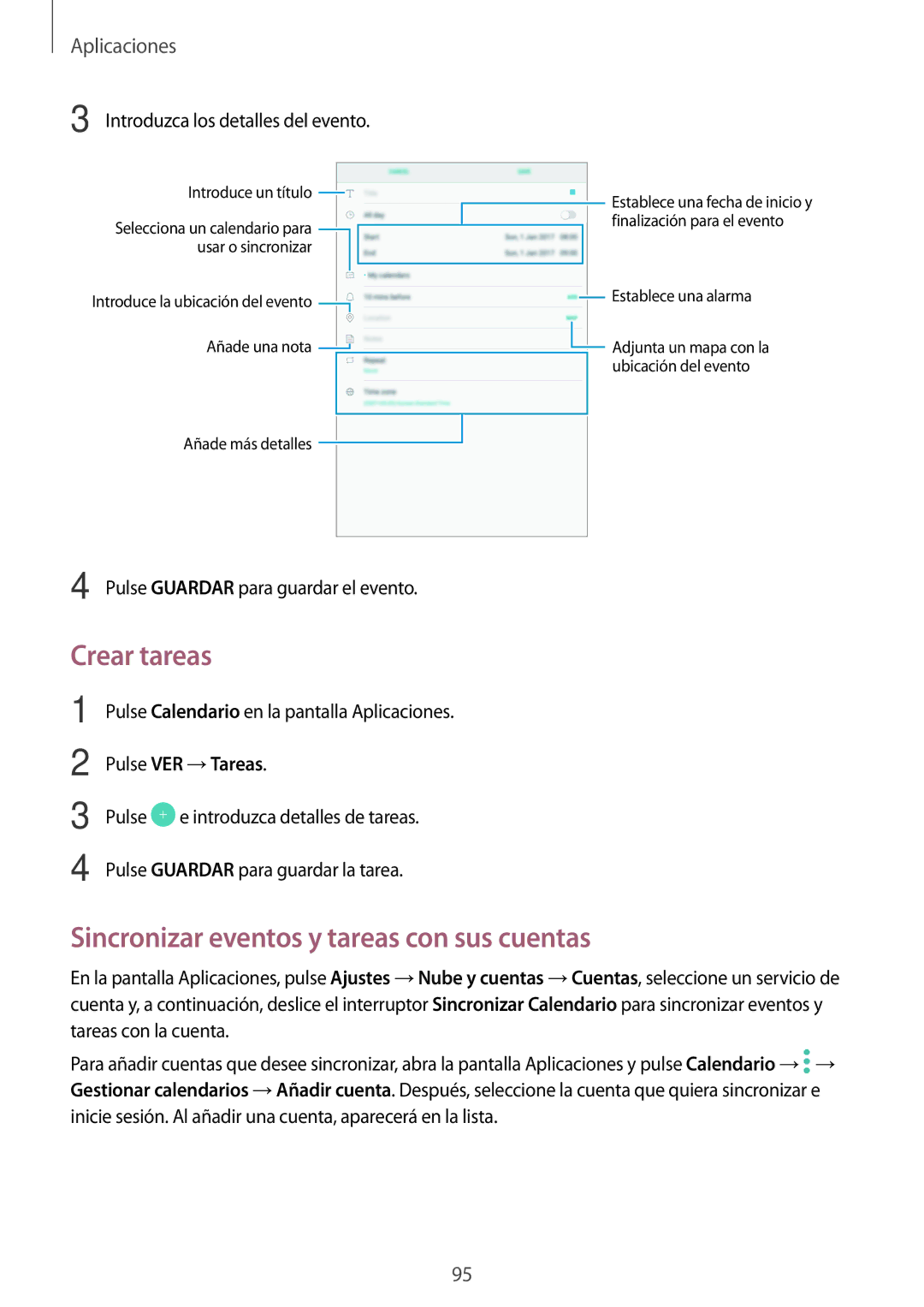 Samsung SM-T820NZSAPHE, SM-T820NZKAPHE manual Crear tareas, Sincronizar eventos y tareas con sus cuentas, Pulse VER →Tareas 