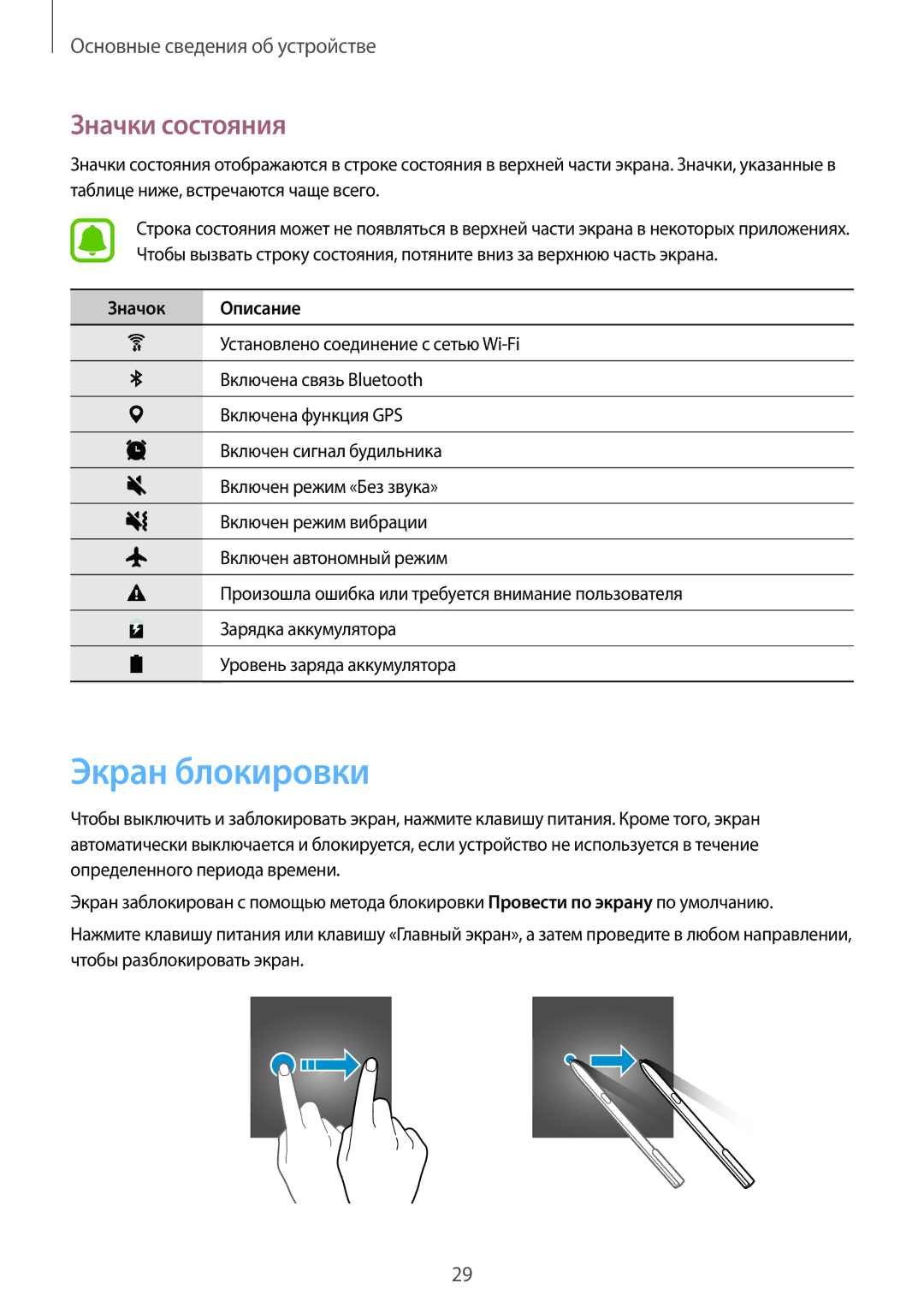 Samsung SM-T820NZKASER, SM-T820NZKASEB, SM-T820NZSASER manual Экран блокировки, Значки состояния 