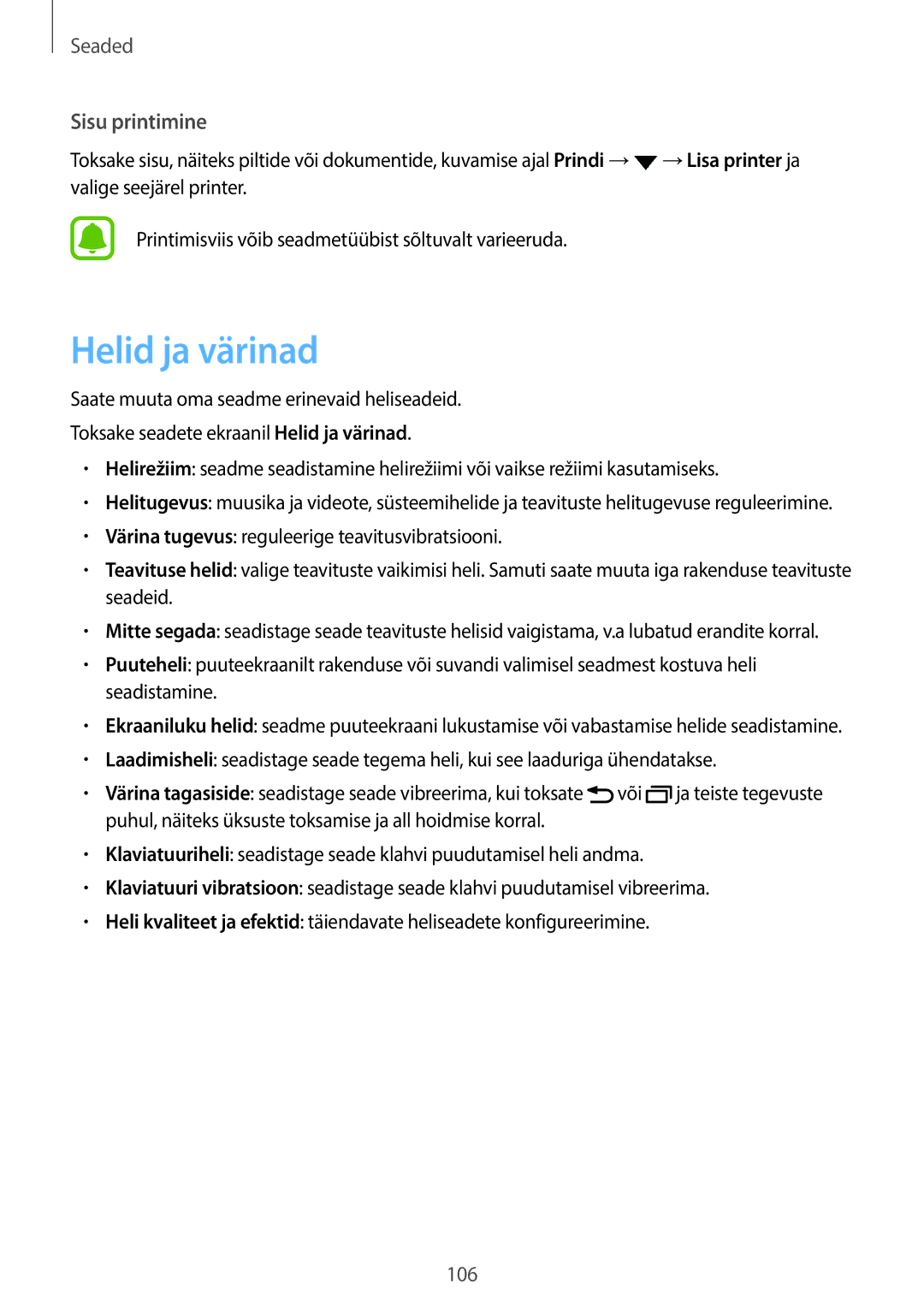 Samsung SM-T820NZKASEB manual Helid ja värinad, Sisu printimine 