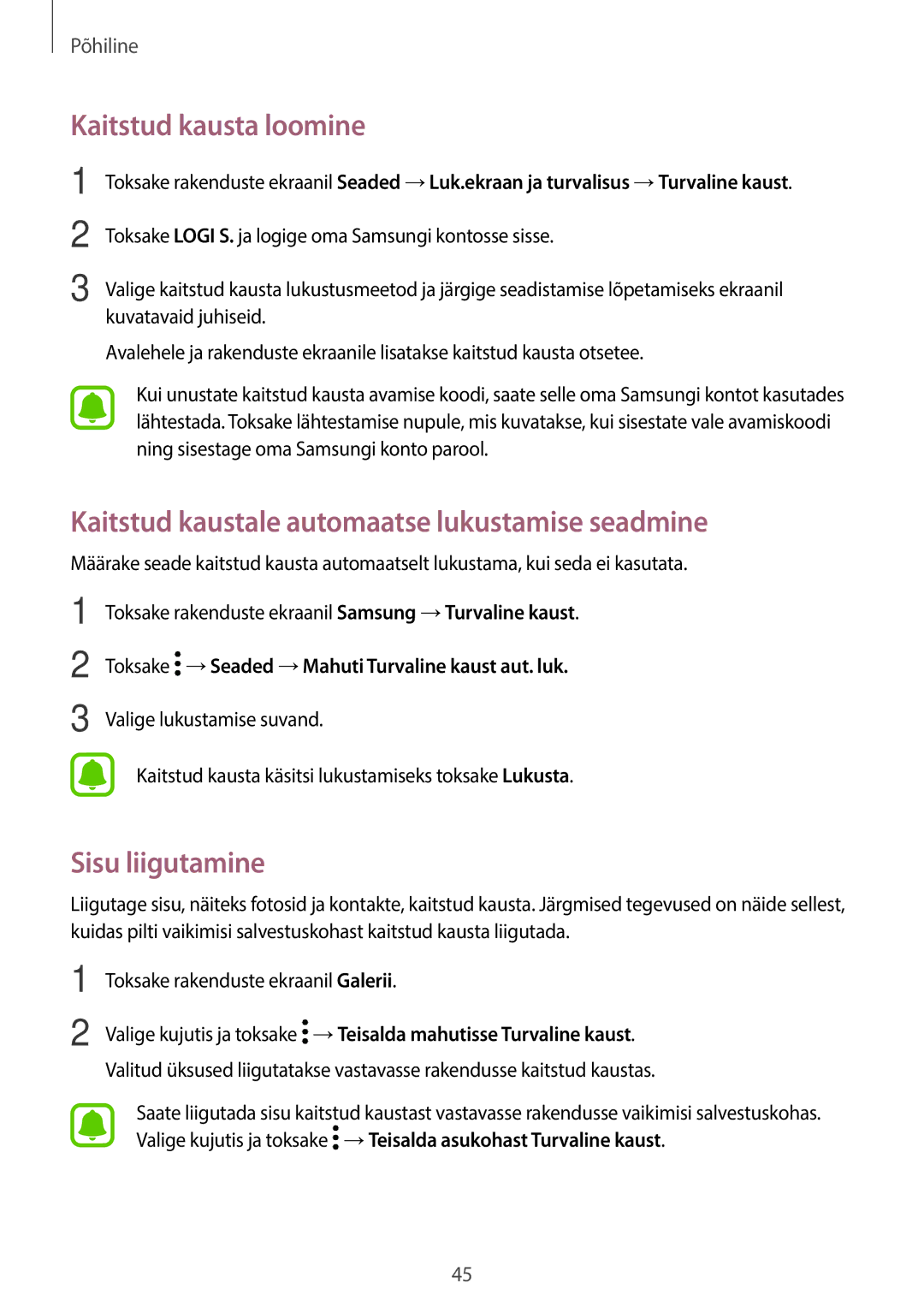 Samsung SM-T820NZKASEB manual Kaitstud kausta loomine, Kaitstud kaustale automaatse lukustamise seadmine, Sisu liigutamine 