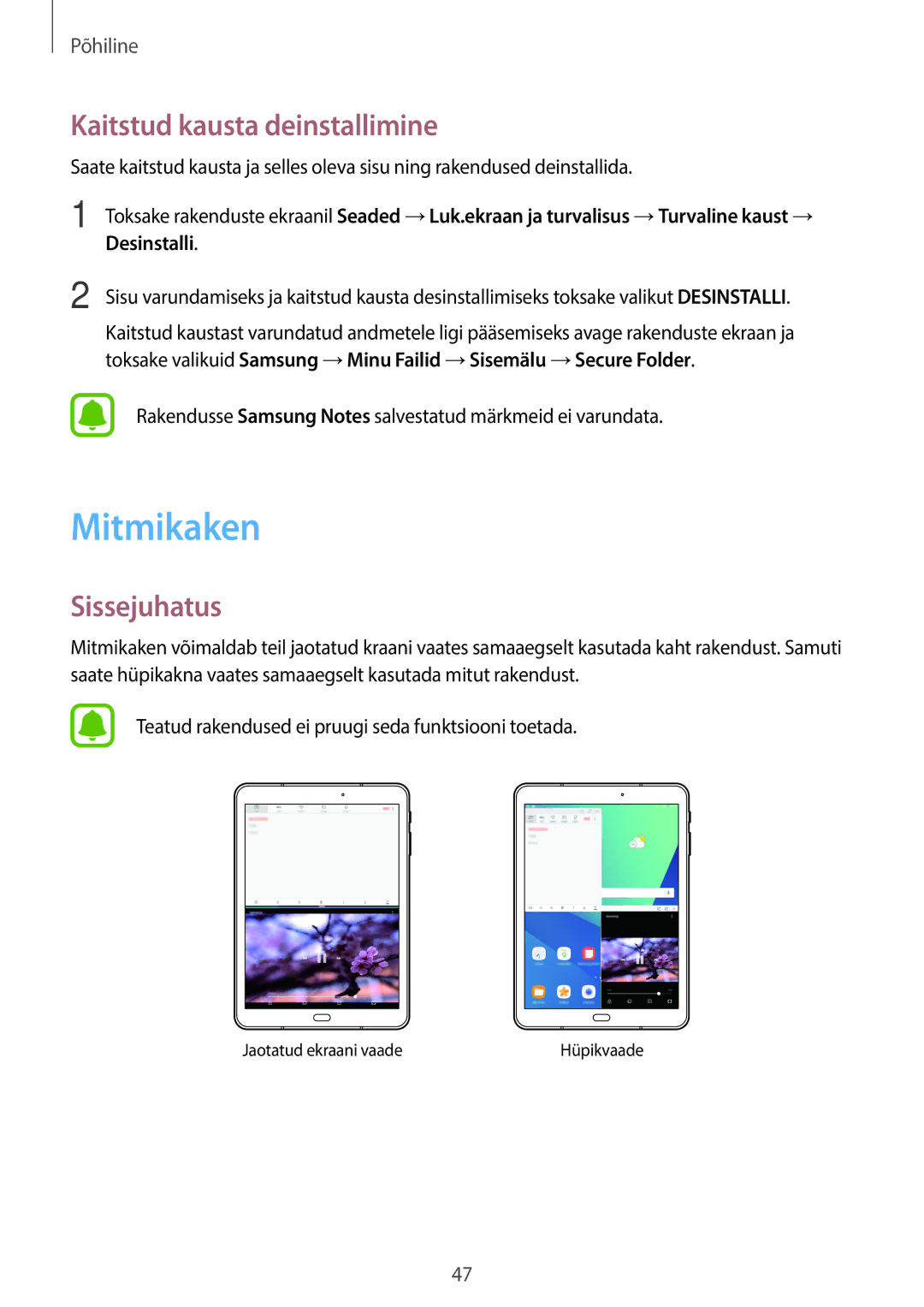 Samsung SM-T820NZKASEB manual Mitmikaken, Kaitstud kausta deinstallimine 