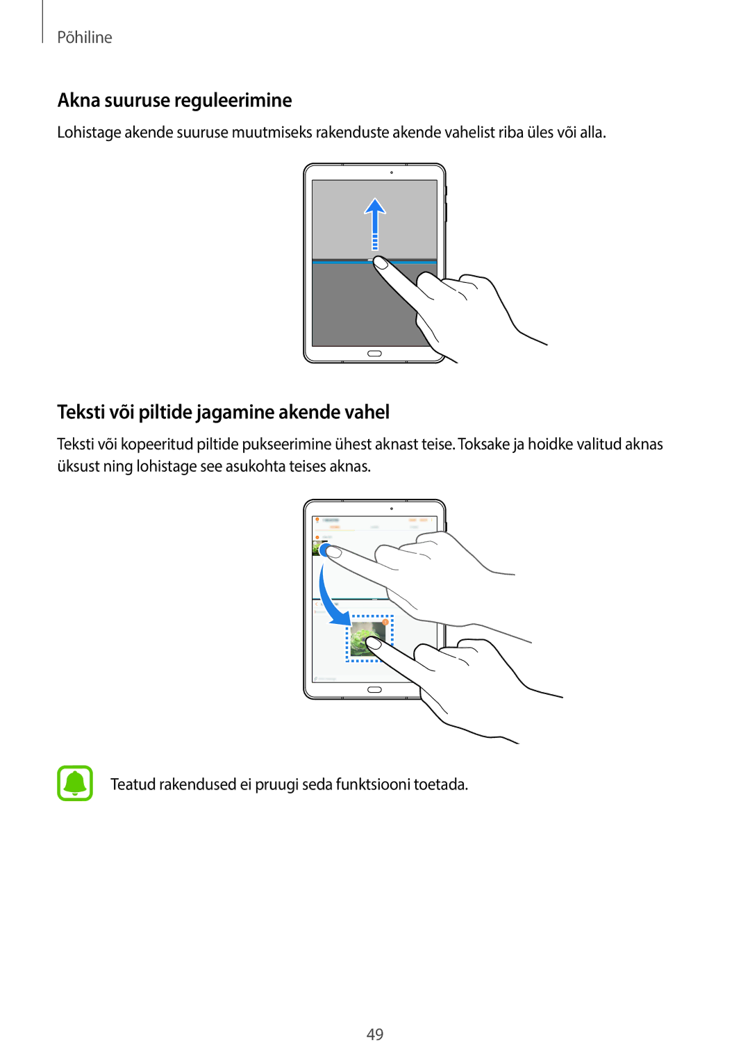 Samsung SM-T820NZKASEB manual Akna suuruse reguleerimine, Teksti või piltide jagamine akende vahel 