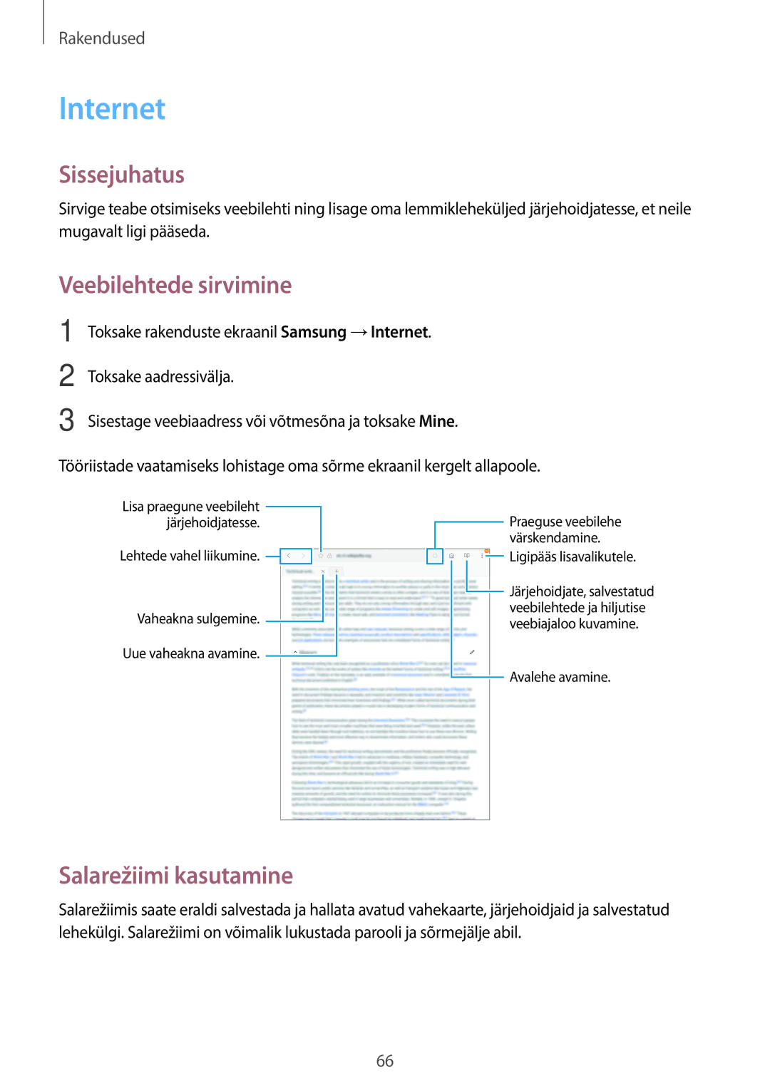 Samsung SM-T820NZKASEB manual Internet, Veebilehtede sirvimine, Salarežiimi kasutamine 