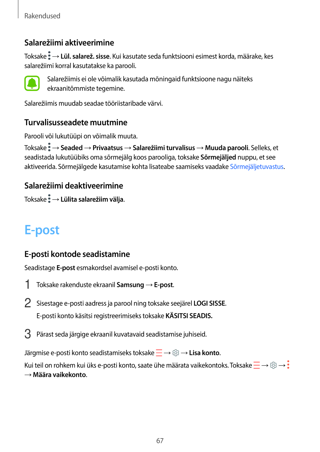 Samsung SM-T820NZKASEB manual Post, Salarežiimi aktiveerimine, Turvalisusseadete muutmine, Salarežiimi deaktiveerimine 