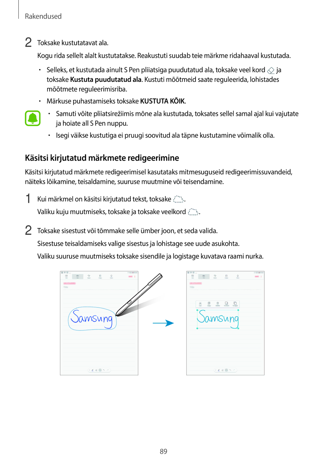 Samsung SM-T820NZKASEB manual Käsitsi kirjutatud märkmete redigeerimine 