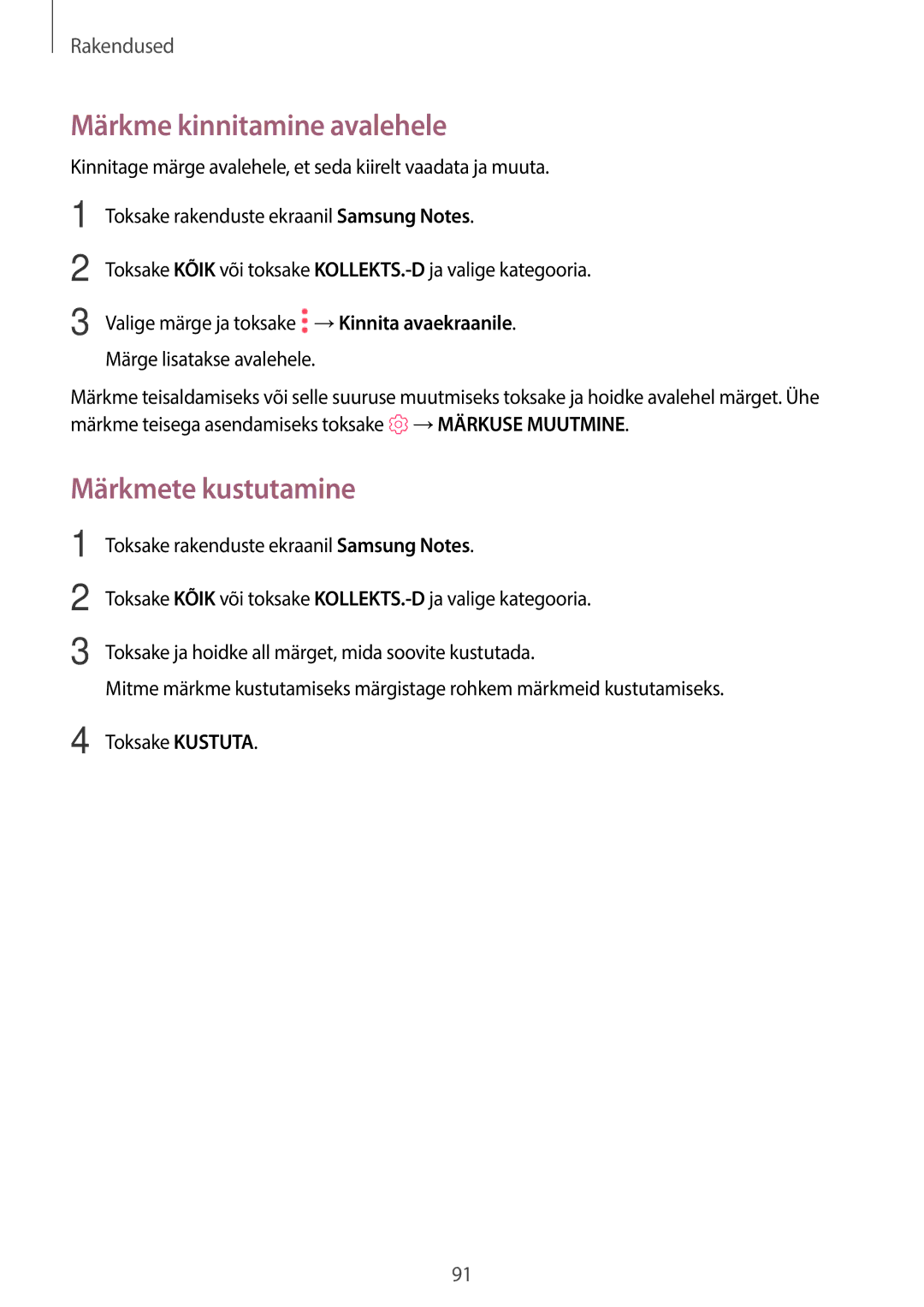 Samsung SM-T820NZKASEB manual Märkme kinnitamine avalehele, Märkmete kustutamine 