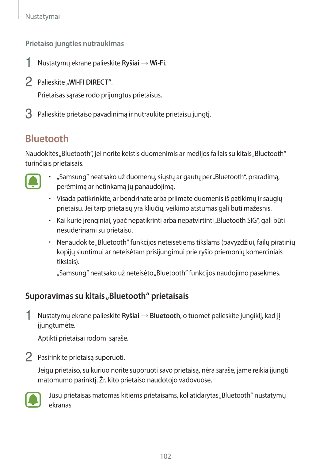 Samsung SM-T820NZKASEB manual Suporavimas su kitais„Bluetooth prietaisais, Nustatymų ekrane palieskite Ryšiai →Wi-Fi 