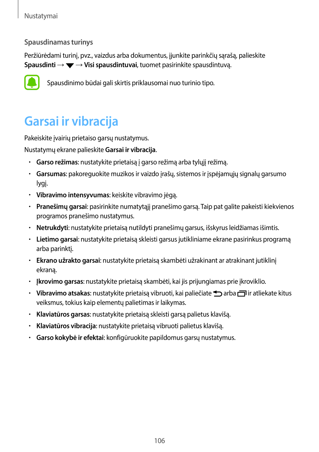 Samsung SM-T820NZKASEB manual Garsai ir vibracija, Spausdinimo būdai gali skirtis priklausomai nuo turinio tipo 