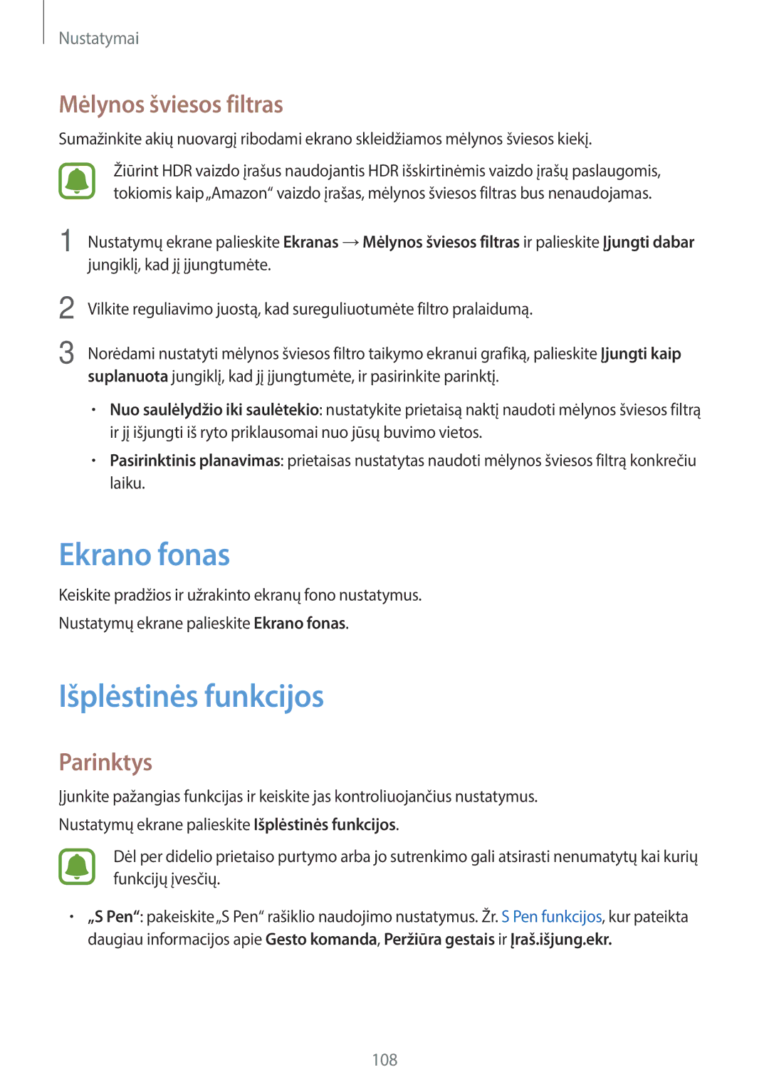 Samsung SM-T820NZKASEB manual Ekrano fonas, Išplėstinės funkcijos, Mėlynos šviesos filtras 