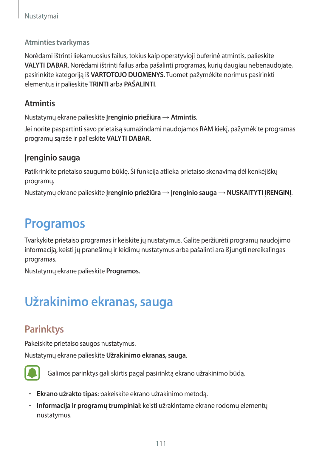 Samsung SM-T820NZKASEB manual Programos, Užrakinimo ekranas, sauga, Atmintis, Įrenginio sauga 