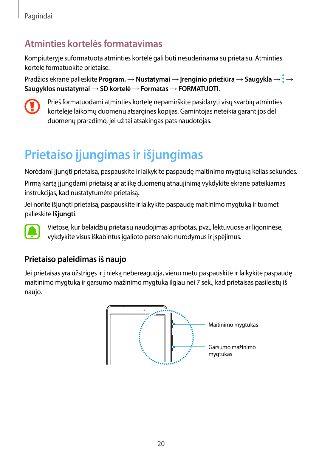 Samsung SM-T820NZKASEB Prietaiso įjungimas ir išjungimas, Atminties kortelės formatavimas, Prietaiso paleidimas iš naujo 