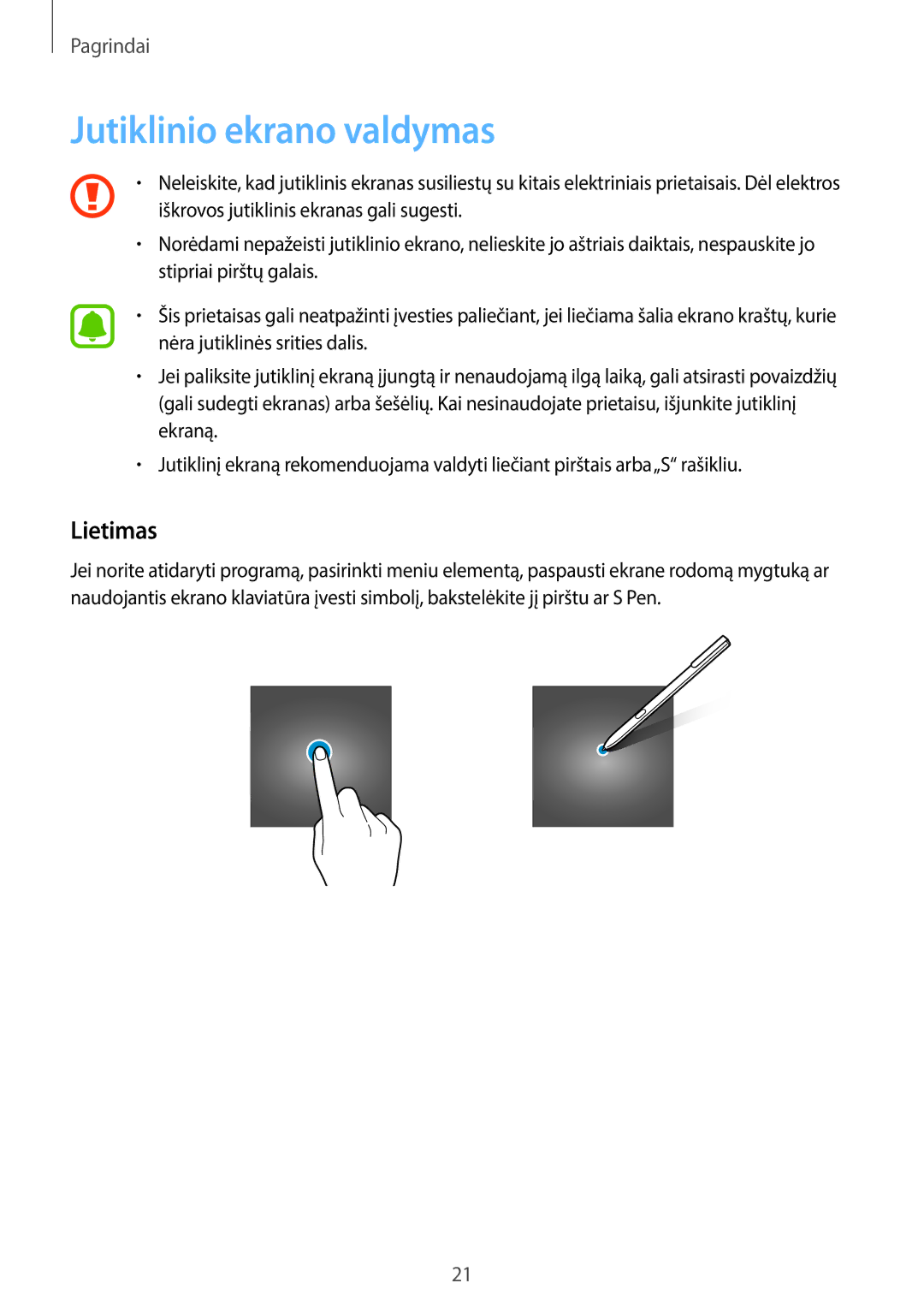 Samsung SM-T820NZKASEB manual Jutiklinio ekrano valdymas, Lietimas 