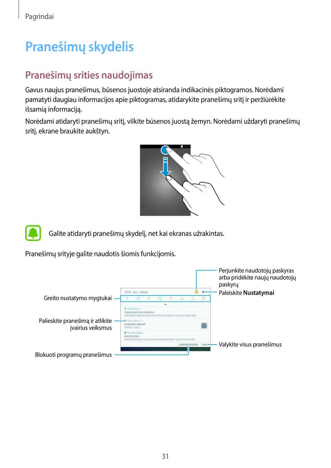 Samsung SM-T820NZKASEB manual Pranešimų skydelis, Pranešimų srities naudojimas 