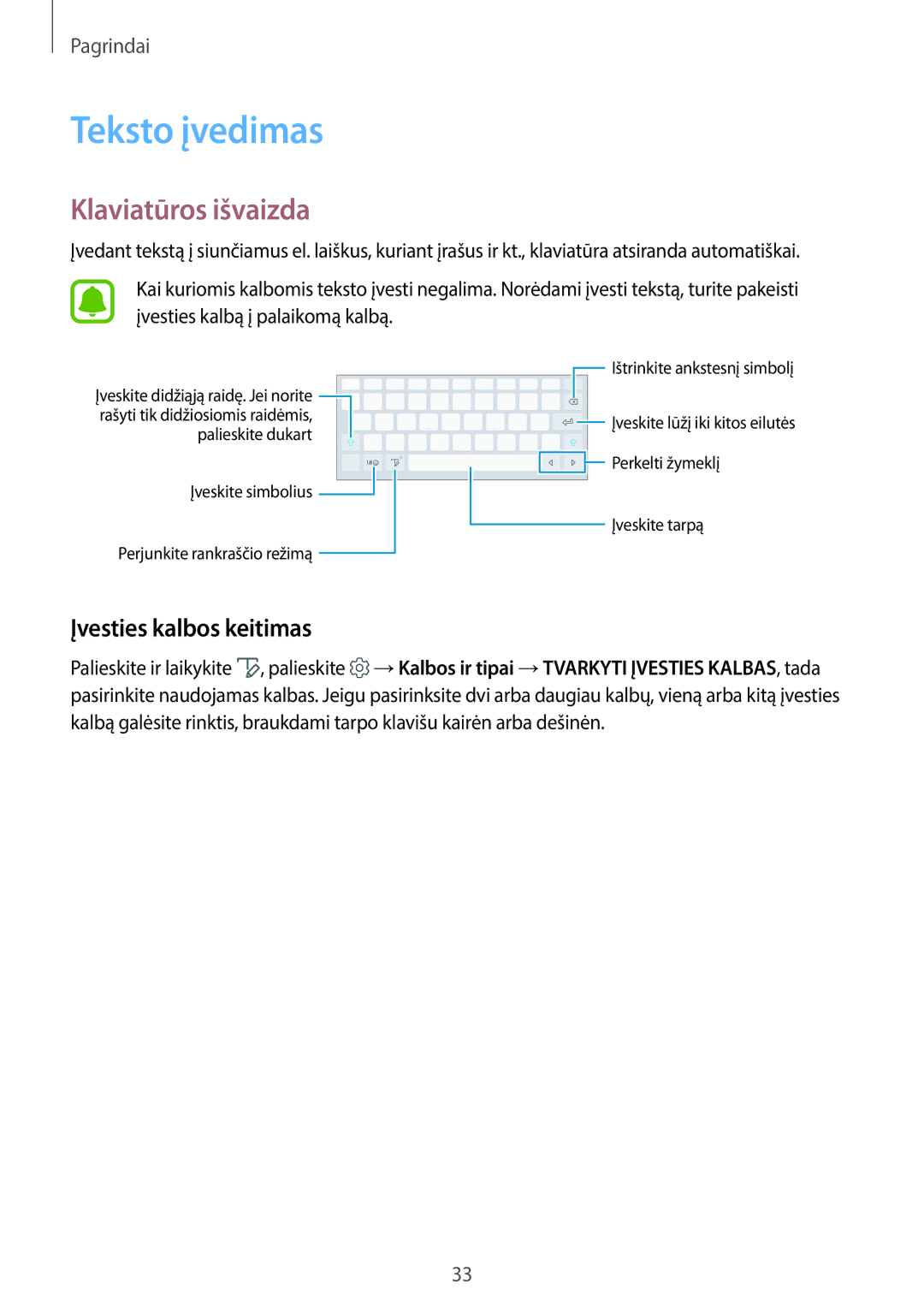 Samsung SM-T820NZKASEB manual Teksto įvedimas, Klaviatūros išvaizda, Įvesties kalbos keitimas 