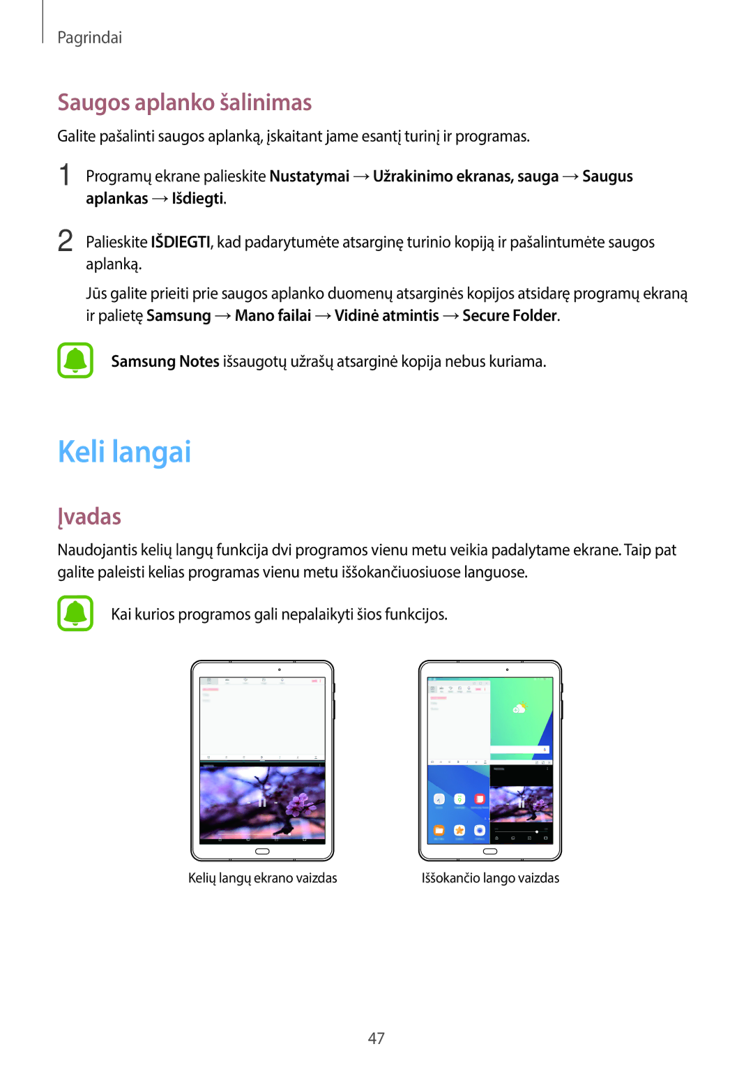 Samsung SM-T820NZKASEB manual Keli langai, Saugos aplanko šalinimas, Aplankas →Išdiegti, Aplanką 