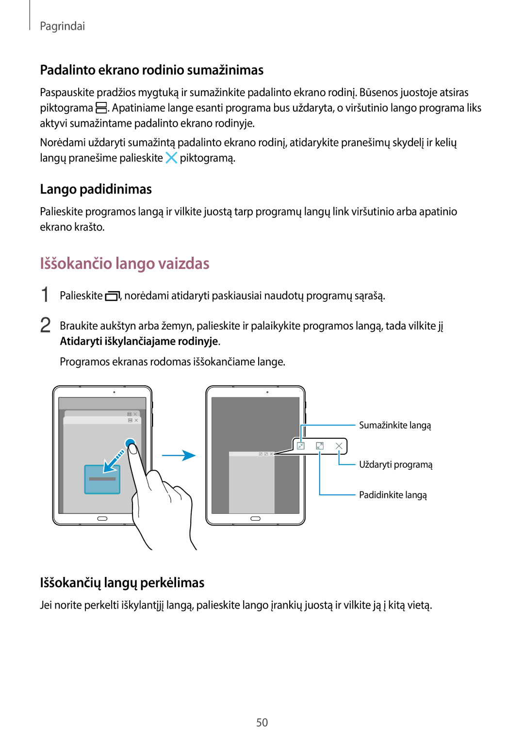 Samsung SM-T820NZKASEB manual Iššokančio lango vaizdas, Padalinto ekrano rodinio sumažinimas, Lango padidinimas 