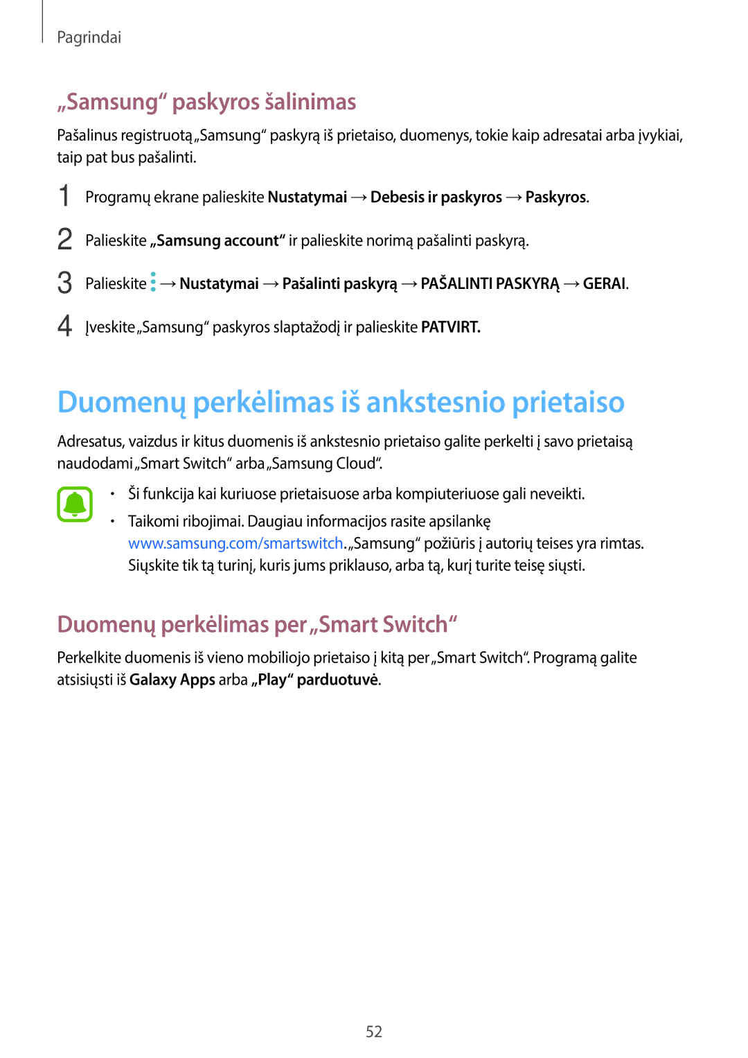 Samsung SM-T820NZKASEB manual Duomenų perkėlimas iš ankstesnio prietaiso, „Samsung paskyros šalinimas 