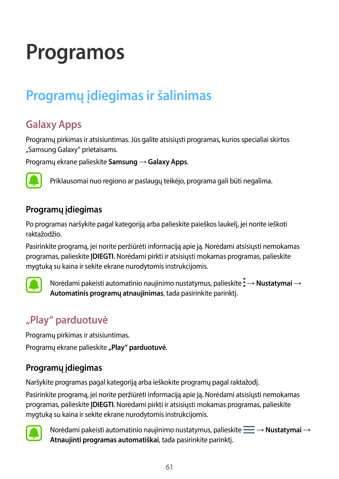 Samsung SM-T820NZKASEB manual Programų įdiegimas ir šalinimas, Galaxy Apps, „Play parduotuvė 