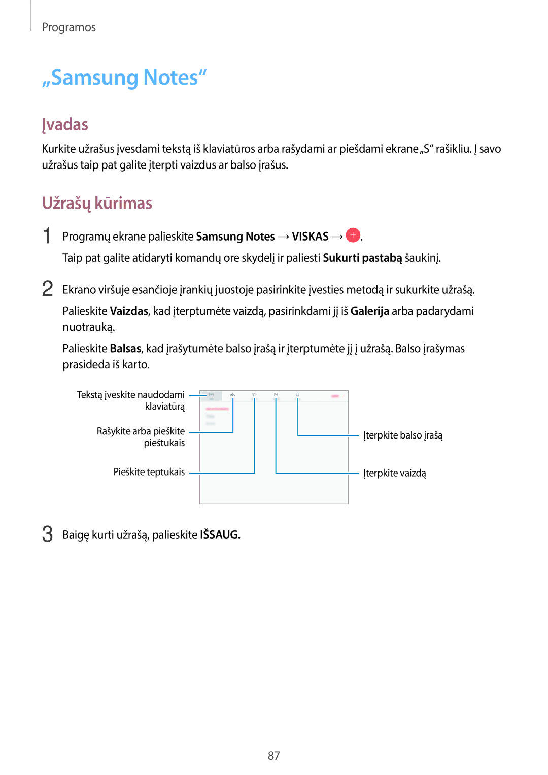 Samsung SM-T820NZKASEB manual „Samsung Notes, Užrašų kūrimas, Baigę kurti užrašą, palieskite Išsaug 