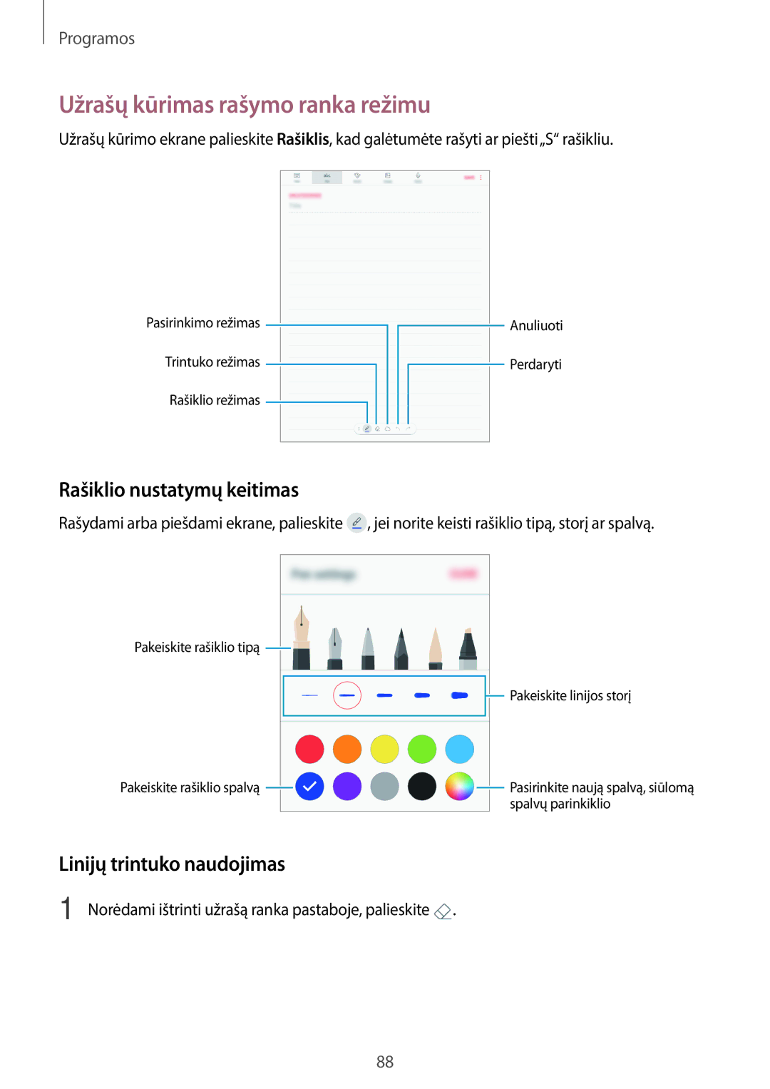 Samsung SM-T820NZKASEB manual Užrašų kūrimas rašymo ranka režimu, Rašiklio nustatymų keitimas, Linijų trintuko naudojimas 