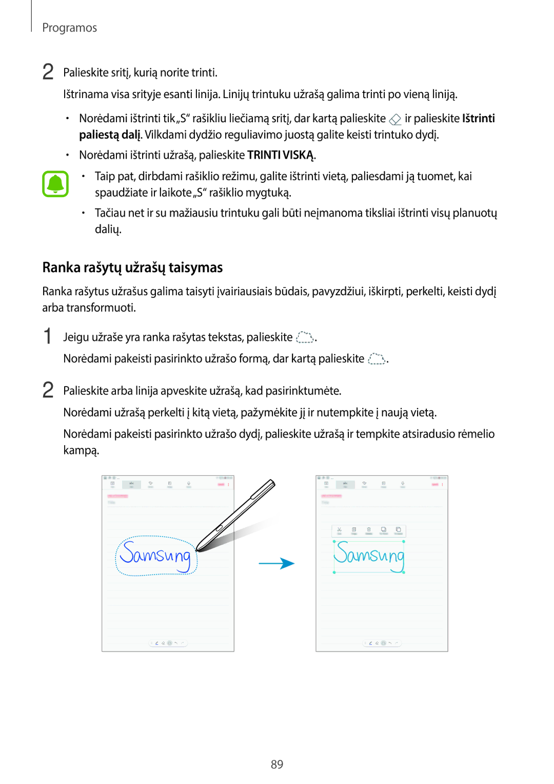 Samsung SM-T820NZKASEB manual Ranka rašytų užrašų taisymas 