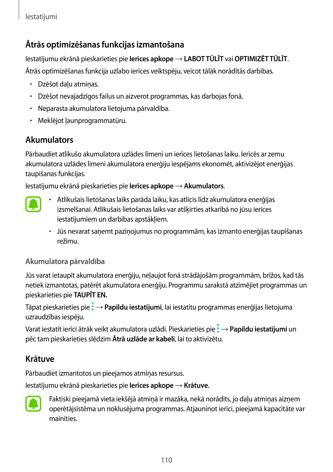 Samsung SM-T820NZKASEB manual Ātrās optimizēšanas funkcijas izmantošana, Akumulators, Krātuve 