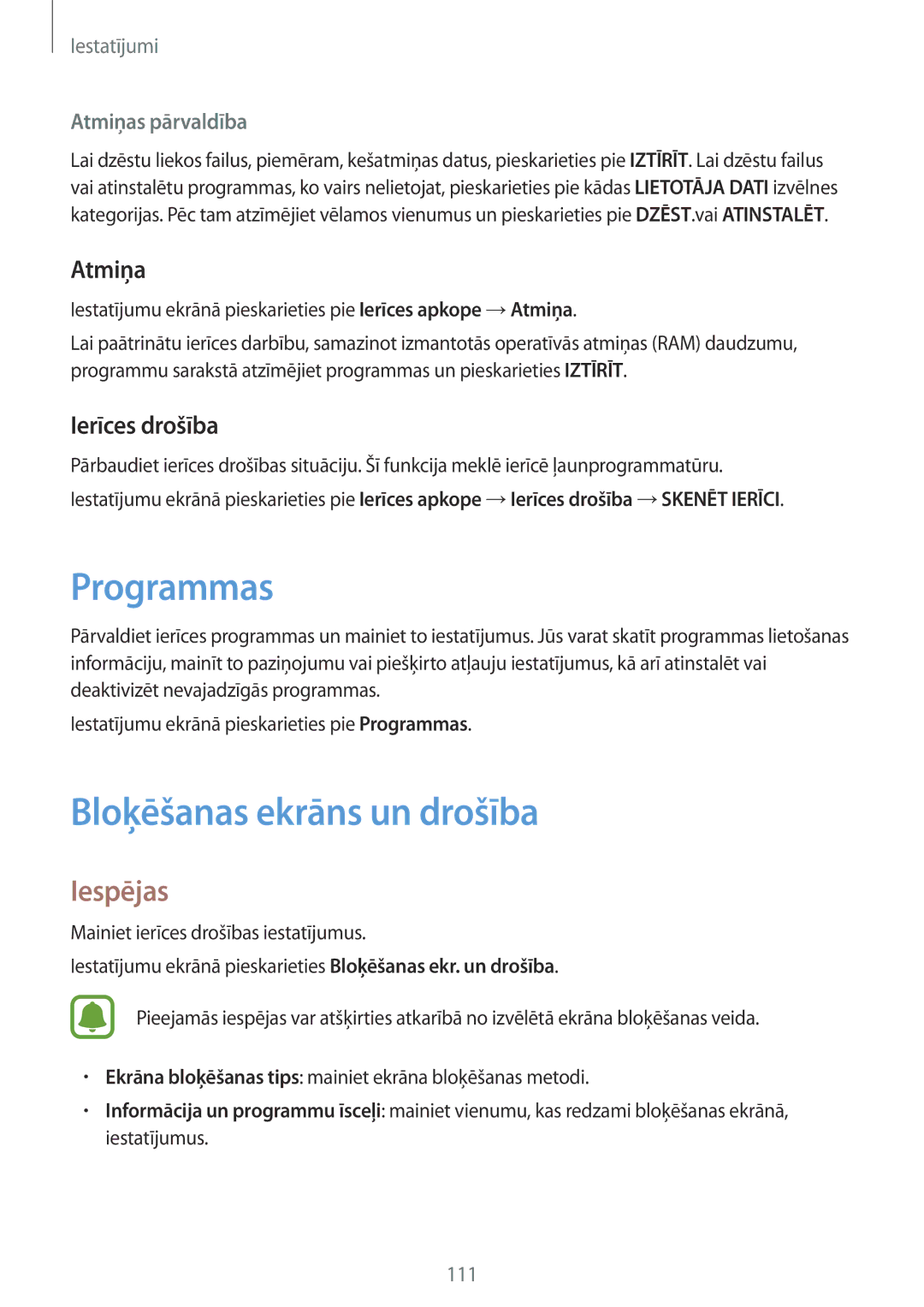 Samsung SM-T820NZKASEB manual Programmas, Bloķēšanas ekrāns un drošība, Atmiņa, Ierīces drošība 