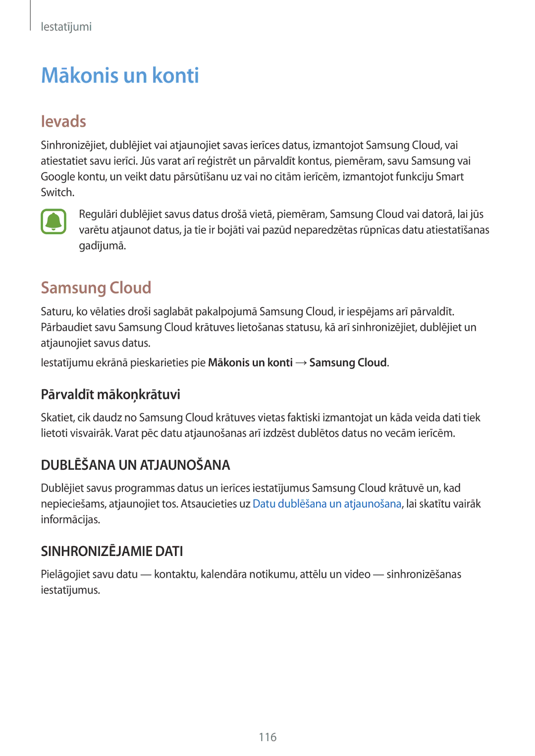 Samsung SM-T820NZKASEB manual Mākonis un konti, Samsung Cloud, Pārvaldīt mākoņkrātuvi 