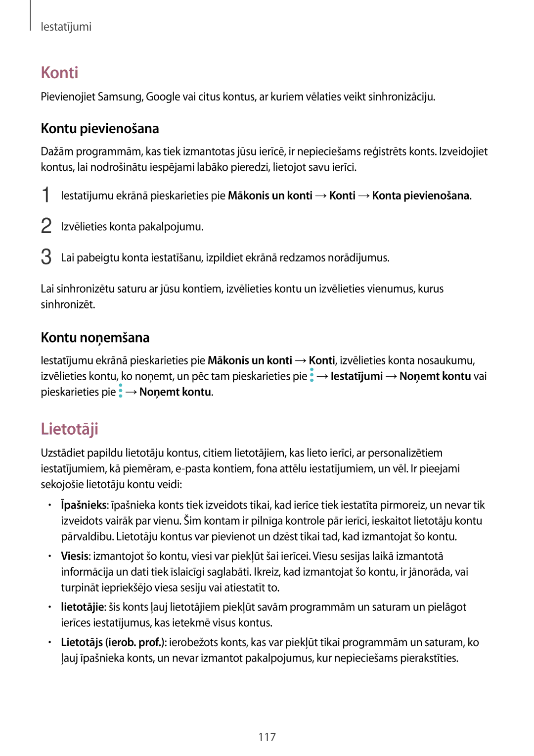 Samsung SM-T820NZKASEB manual Konti, Lietotāji, Kontu pievienošana, Kontu noņemšana 