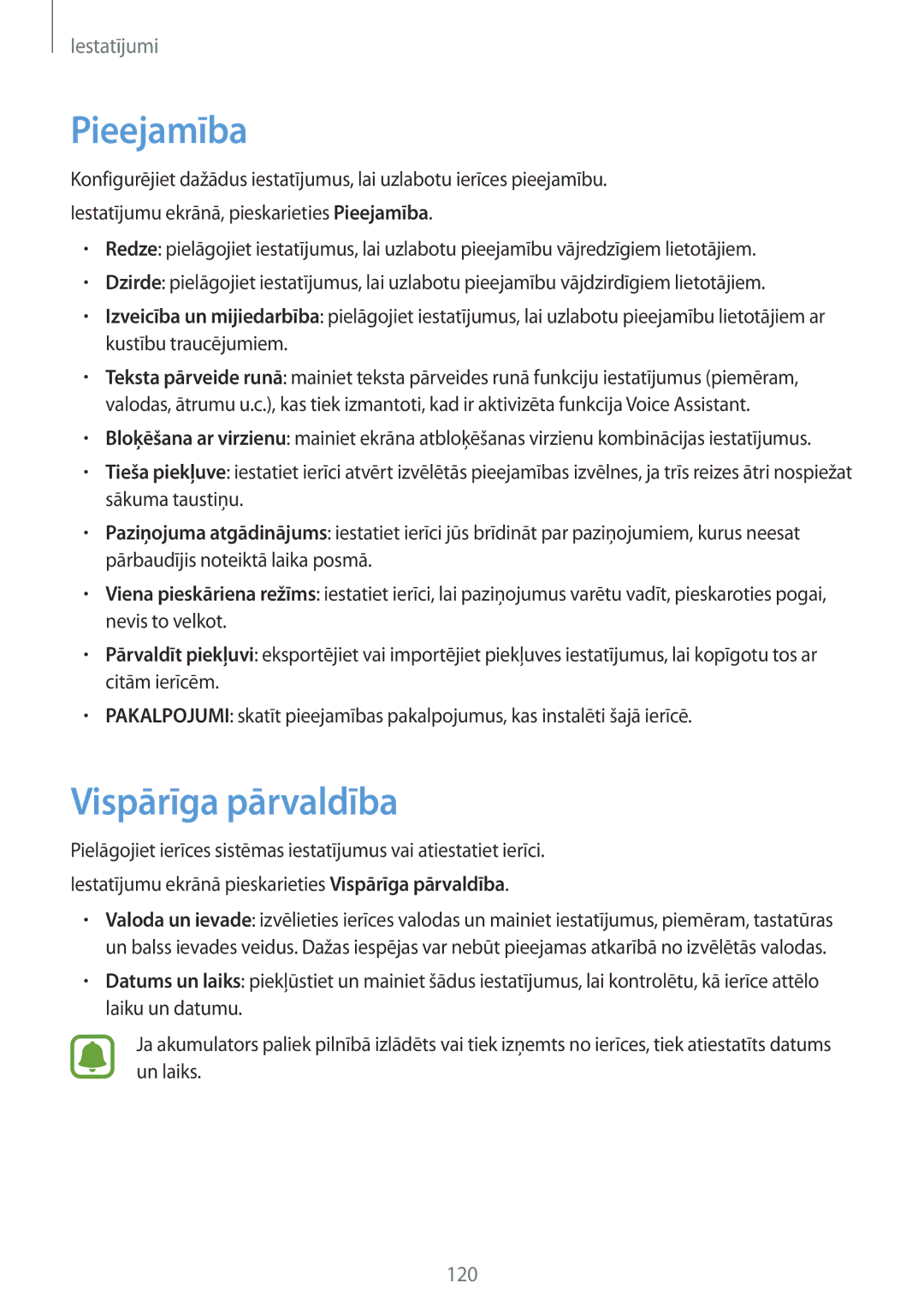 Samsung SM-T820NZKASEB manual Pieejamība, Vispārīga pārvaldība 